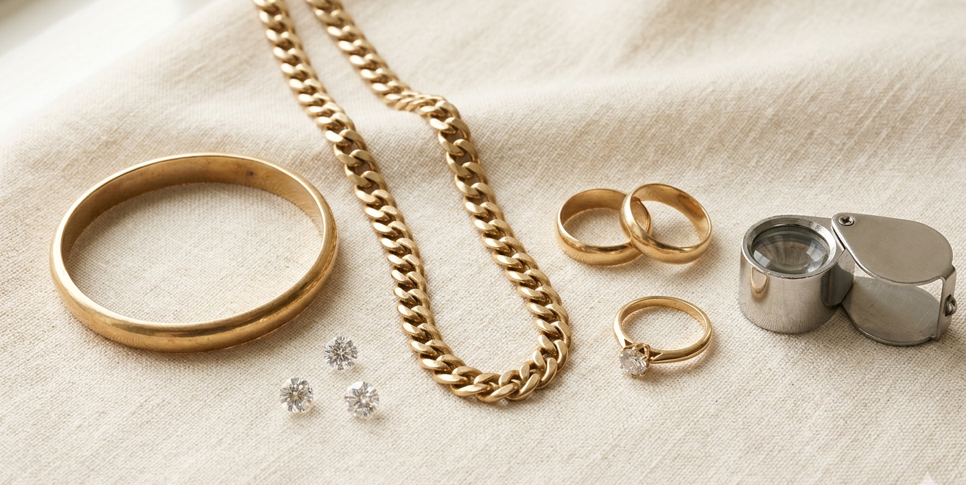 Gold jewelry and estate pieces — we buy gold, platinum, and diamonds